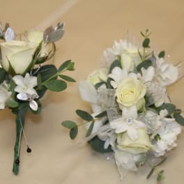 All white corsage and boutonniere bundle