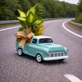 Mini turquoise pickup truck holding a potted leafy plant with a ribbon