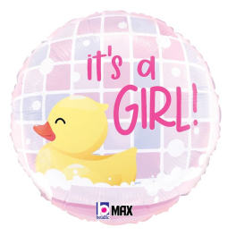 Round pink balloon with a yellow rubber duck and the phrase "it's a girl!" in bold letters.