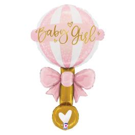 Pink and white baby girl balloon with a bow and heart accent