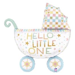 Pastel baby carriage-shaped foil balloon with "Hello Little One" text