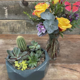Succulent planter and vase of yellow roses with butterfly picks