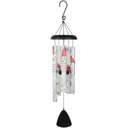 Hanging wind chime with floral-printed metal tubes and a black clapper