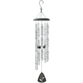 Hanging wind chime with clear tubes and a black top and clapper