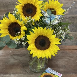 Sunflower bouquet in a glass vase with a butterfly pick