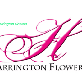 Harrington Flowers logo with a large pink script H on a green background