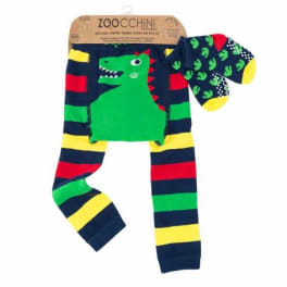 Colorful dinosaur-pattern baby clothing set on a hanger