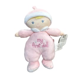 Pink plush baby doll with a hat and embroidered "my first doll" text