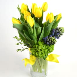 Yellow tulips arranged in a clear glass vase with green and purple flowers