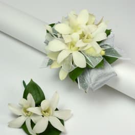 White orchid corsage and boutonniere with silver ribbon