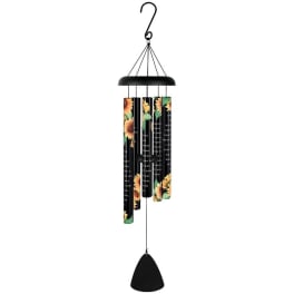 Black wind chime with sunflower-printed tubes and a hanging clapper
