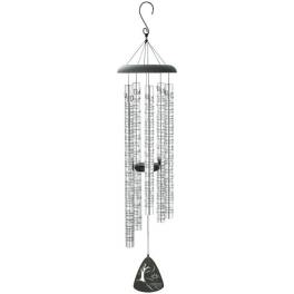 Silver wind chime with hanging metal tubes and a black clapper.