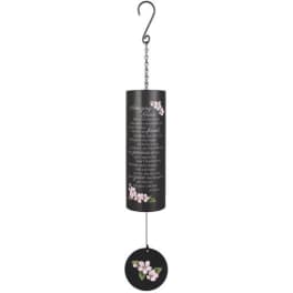 Hanging black wind chime with pink floral accents and text