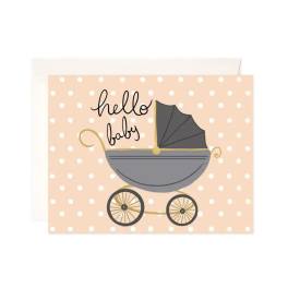 Baby shower card with a stroller and "hello baby" text