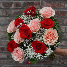 Bouquet of red and blush roses with baby's breath