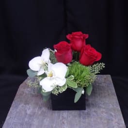 Red roses and white orchids arranged in a black box
