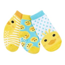 Three pairs of baby socks with duck patterns in yellow and blue