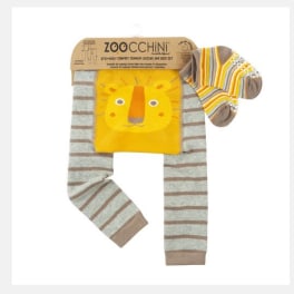 Packaged baby socks and a lion-themed cloth item