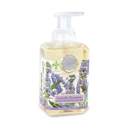 Lavender rosemary foaming hand soap in a clear pump bottle