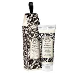 Honey almond hand cream tube and matching box with black-and-white pattern