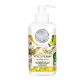 Bottle of lemon basil hand and body lotion with a pump dispenser