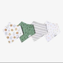 Four patterned baby bibs laid out on a white background