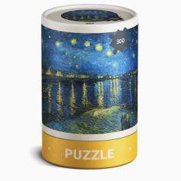Cylindrical puzzle box with a starry night painting on the label