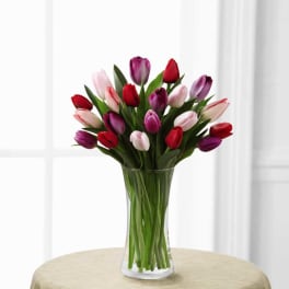 Bouquet of multicolored tulips in a clear glass vase