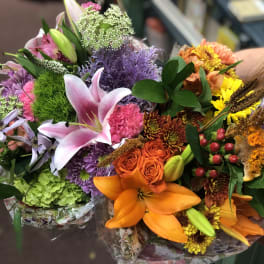 Colorful bouquet with lilies, roses, and chrysanthemums