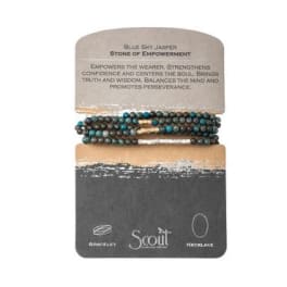 Beaded bracelet on a display card labeled Blue Sky Jasper