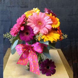 Bouquet of colorful gerbera daisies with a pink polka-dot bow
