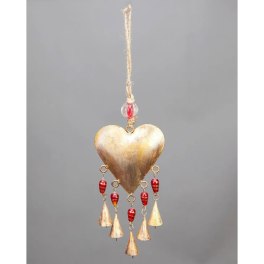 Heart-shaped hanging ornament with red beads and gold cones