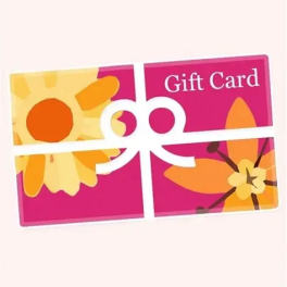 Bright floral gift card with pink background and yellow and orange flower illustrations
