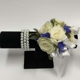 White Spray Rose and Blue Delphinium Corsage with Pearl Wristlet