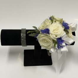 White Spray Rose and Blue Delphinium Corsage with Black Rhinestone Wristlet