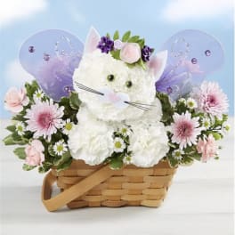Flower basket with a cat face and purple butterfly wings