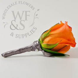Orange rose boutonniere with silver ribbon wrap