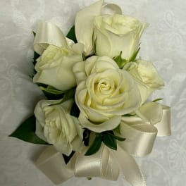 Bouquet of white roses with cream ribbon