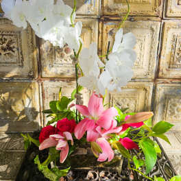 Pink lilies, red roses, and white orchids in a low arrangement