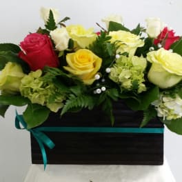 Mixed roses and hydrangeas in a black box with a teal ribbon