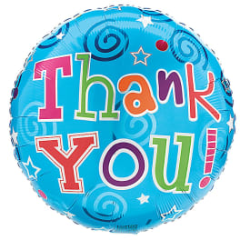 Blue thank-you balloon with colorful lettering and stars