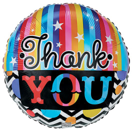 Round foil balloon with colorful stripes and the words Thank You