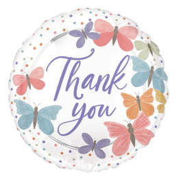 Round balloon with butterflies and the words Thank You