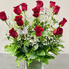 Red roses arranged in a clear square vase with baby's breath and greenery