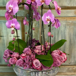 Pink orchids and roses arranged in a jeweled silver bowl