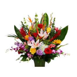 Colorful tropical bouquet with roses, lilies, orchids, and bird-of-paradise in a vase