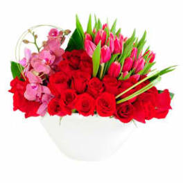 Bouquet of red roses and pink tulips in a white vase