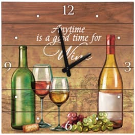 Wall clock with wine bottles, glasses, and grapes