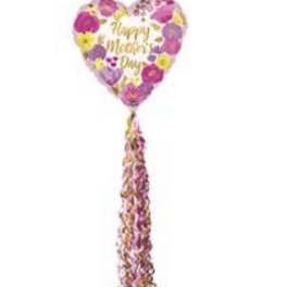 Heart-shaped Mother's Day balloon with floral print and a long tassel tail