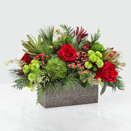 Red roses and green holiday flowers in a rectangular wooden box